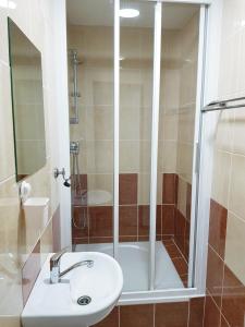 y baño con ducha y lavamanos. en Čertovka Peklo, en Náchod