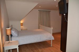 a bedroom with a bed and a flat screen tv at Apartment 3, Oakleigh House, Donnybrook Hill, Douglas Cork in Cork