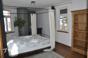 a bed with a canopy in a room with windows at Geibelhof in Karben