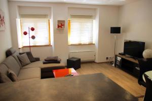 a living room with a couch and a tv at Gîte Groseille in Ribeauvillé