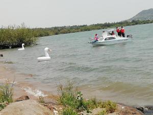 un grupo de personas en un barco en el agua con cisnes en White Stone Beach Resort, en Mbita