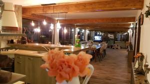 a kitchen and dining room with a table and chairs at Pensiunea Turistica VALEA MIERII in Balabancea