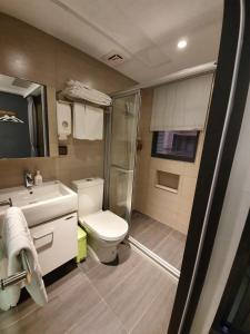 a bathroom with a shower and a toilet and a sink at Greenight Hotel in Taichung