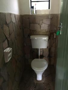 a bathroom with a white toilet in a stone wall at Nyangombe Backpackers in Kwekwe