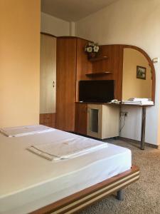 a room with a bed and a desk with a television at hotel TEDI in Asenovgrad