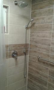 a shower with a glass door in a bathroom at Sylvias Ranch in Gerstungen