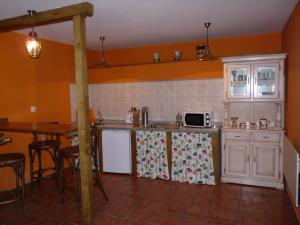 a kitchen with orange walls and a counter with a microwave at Casa AL ABLUGO in Pola de Somiedo