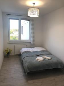 een slaapkamer met een bed met twee handdoeken erop bij Apartament Winorośli in Warschau