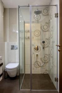 W łazience znajduje się przeszklony prysznic i toaleta. w obiekcie Luxury 2 bedroom,2 bathroom apart ,free parking w Płowdiwie