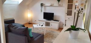 ein Wohnzimmer mit einem Sofa und einem TV in der Unterkunft Ferienwohnung Leo Duisburg - Nähe Bahnhof in Duisburg