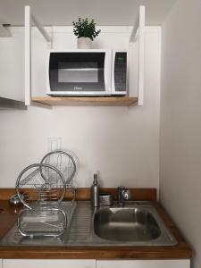a kitchen counter with a sink and a microwave at Apartments and Rooms Distecon in Guatemala
