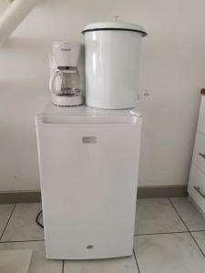 a white blender sitting on top of a refrigerator at Apartments and Rooms Distecon in Guatemala