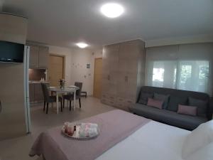 uma sala de estar com uma cama e uma sala de jantar em Perfect Location em Trikala