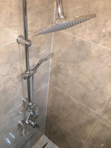 a shower in a bathroom with a shower head at Golden Gate Apartment Sarajevo in Sarajevo +37 photos