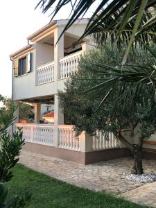 ein Haus mit einem weißen Zaun und einer Palme in der Unterkunft Villa Olive Grove Ferienhaus in Kroatien direkt am Meer nahe Zadar und Nin in Privlaka