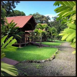a house with a red roof and a grass yard at La Fortuna Waterfall Bungalows in Fortuna