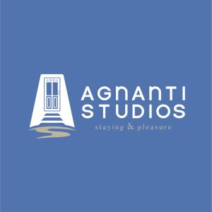 ein Logo für ein Apartment-Studio mit einer Tür oben in der Unterkunft Agnanti Studios in Lourdata
