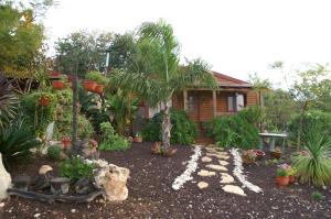 a garden with many plants and a house at Shangri-Hila Lodge in Mitzpe Hila