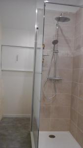 a shower with a glass door in a bathroom at Le gîte de la Mane in Saint-Pierre-dʼAurillac