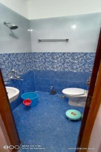 a blue bathroom with a toilet and a sink at MAYUR paying Guest house in Varanasi