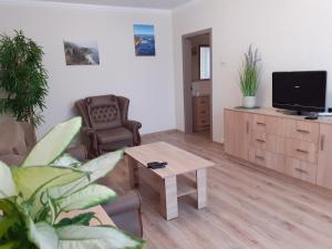 a living room with a couch and a tv and a table at Двухкомнатная в центре Троещины in Kyiv