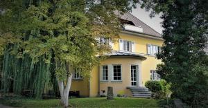 a yellow house with a tree in front of it at Villa Romahn in Schkeuditz