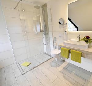 een badkamer met een douche, een toilet en een wastafel bij WohnGut Koblenz in Koblenz