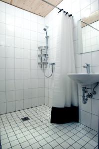 y baño con cortina de ducha y lavamanos. en Stundenhotel Lustra, en Landshut
