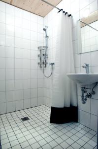 a bathroom with a shower curtain and a sink at Lustra Stundenhotel - Adults Only in Landshut +17 photos