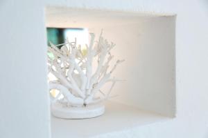 a white plant in a white vase on a shelf at Appartamenti Jlune in Cala Gonone