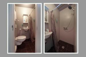 two pictures of a bathroom with a toilet and a sink at Hotel Zeespiegel in Zandvoort