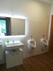 a bathroom with two urinals and a sink and a mirror at Jura Hotel in Nuremberg