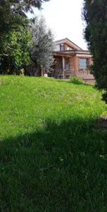 un champ d'herbe verte avec une maison en arrière-plan dans l'établissement Il Casale Della Gioia, à Melfi
