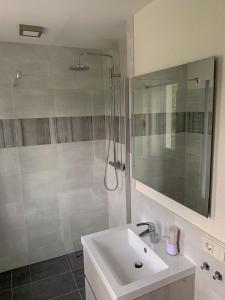 baño blanco con ducha y lavamanos en Ferienwohnung Herold, en Olbernhau