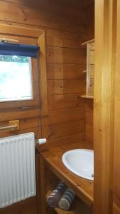a bathroom with a white sink and a window at Chalet Domaine du Hulobiet in Fromelennes