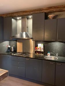 a kitchen with stainless steel cabinets and a sink at Wieler Wellness Huuske in Spaubeek