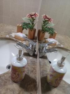 La salle de bains est pourvue de deux robinets et d'un lavabo fleuri. dans l'établissement Architect House, à Porto
