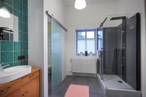 a bathroom with a shower and a sink at Obere Mühle - Scheunenwohnung mitten im Grünen in Baunach