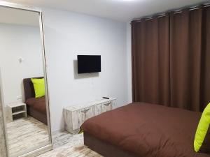 a bedroom with a bed and a mirror and a couch at Silver Star Apartment 40b in Uzhhorod
