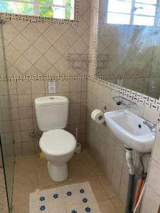 La salle de bains est pourvue de toilettes et d'un lavabo. dans l'établissement Whynot Mauritius, à Grand Gaube
