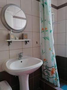 un bagno con lavandino, specchio e tenda per la doccia di Ktima Nafsika - Ground-floor luxury apartment in idyllic estate! a Porto Heli