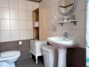 uma casa de banho com um lavatório, um WC e um espelho. em Ktima Nafsika - Ground-floor luxury apartment in idyllic estate! em Porto Heli