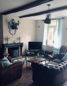 a living room with two couches and a fireplace at gite la Bohème des Ardennes in Vireux-Wallerand