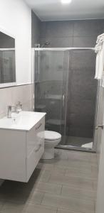 ein Bad mit einer Dusche, einem WC und einem Waschbecken in der Unterkunft BOREAS Apartaments in Palamós