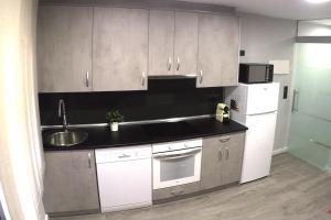 a kitchen with a sink and a white refrigerator at El Rincón de Celia in Graus