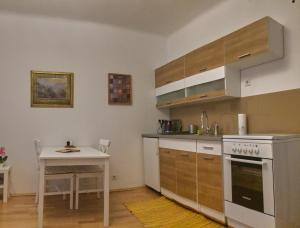 サラエボにあるOrient-Express Apartmentのキッチン(白いコンロ、テーブル付)