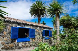 una antigua casa de piedra con persianas azules y palmeras en Galguen Paradise in the island of stars. Villa. en Breña Alta