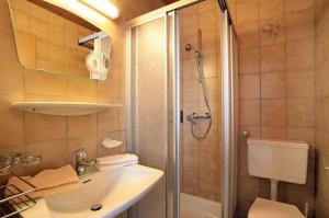 ein Badezimmer mit Dusche, Waschbecken und Toilette in der Unterkunft Neukumhof in Westendorf