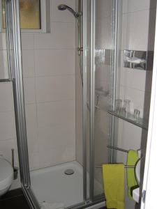 a shower with a glass door in a bathroom at Haus Hubertus in Winterberg