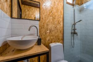 a bathroom with a bowl sink and a shower at Kazbegi 5054 in Stepantsminda